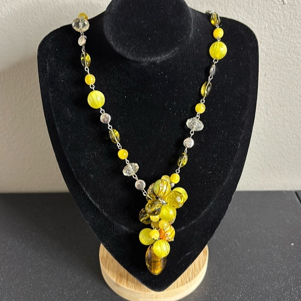 Vintage Millefiori Glass Plastic Bead Long Yellow Colorful Necklace Drop Dangle 